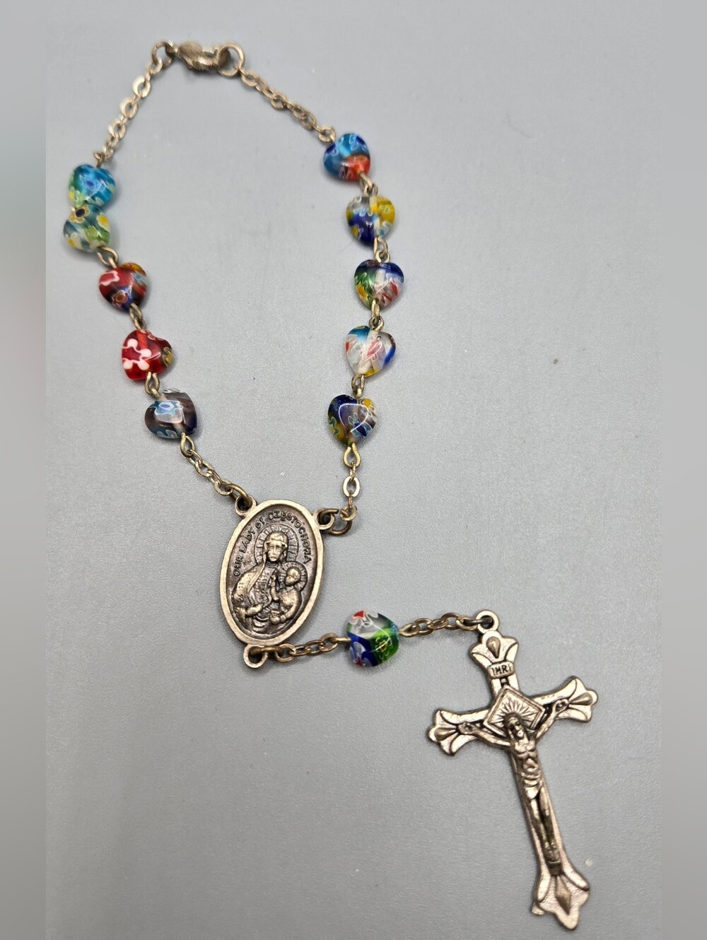 Italian Milifiore Bead Rosary Single Decade Bracelet Silver Tone Multicolor